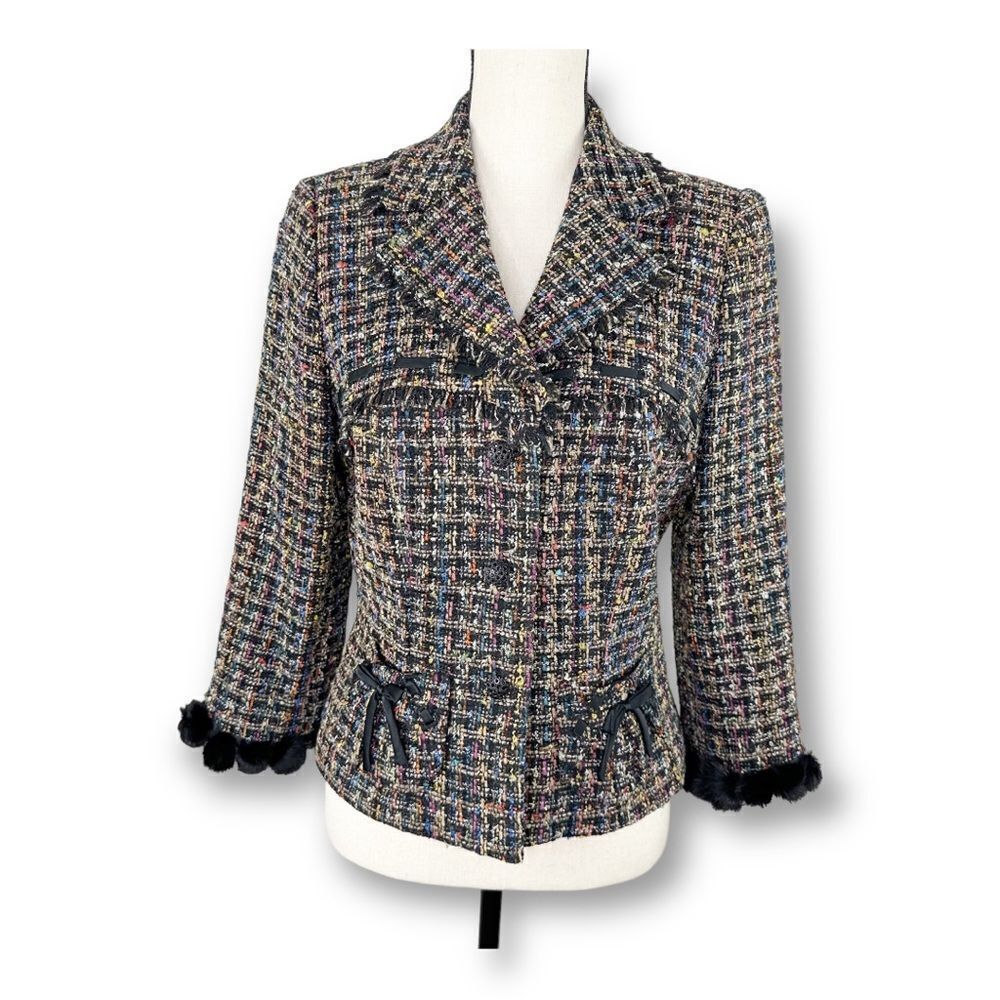 Kay Unger Black Multi Tweed Jacket w/Crystal Buttons, Bow Accents Fur Cuff Sz 10